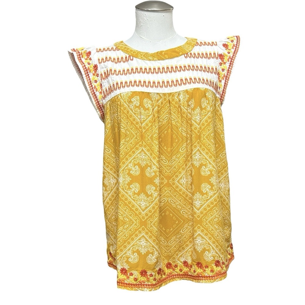Savanna Jane Sz M Mustard Yellow Embroidered Boho Bandana Print Top